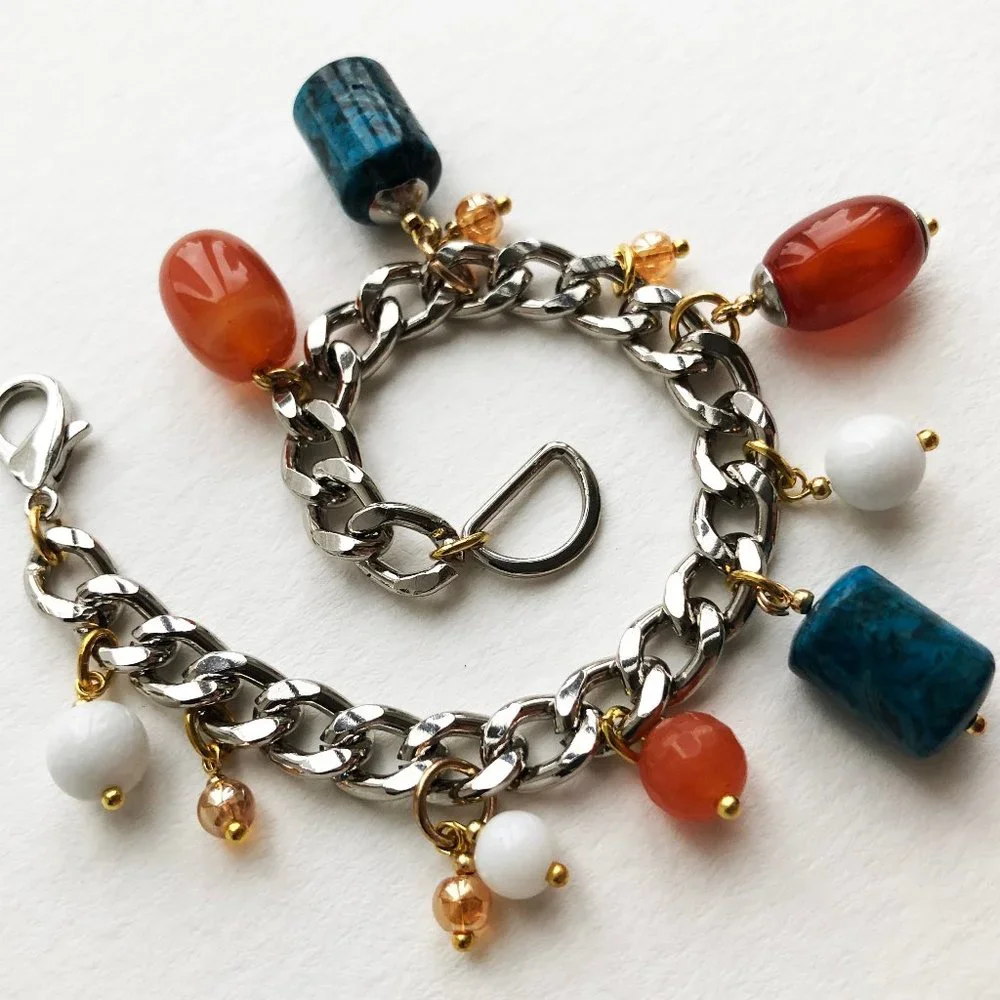 Chunky charm bracelet, curb chain bracelet silver